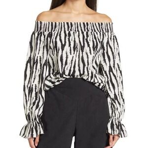 Patrizia Luca Off the Shoulder White Top Size Small Black Print Beach Resort NEW